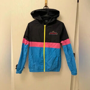 Universal Studios Colorblock Windbreaker Jacket in Black, Pink, Blue. XS
